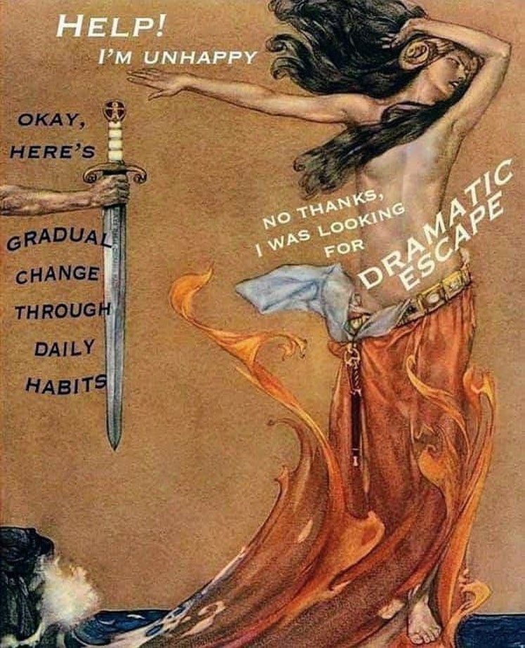 Woman shunning a sword with a skirt of flames. Change through daily habits or dramatic escape?