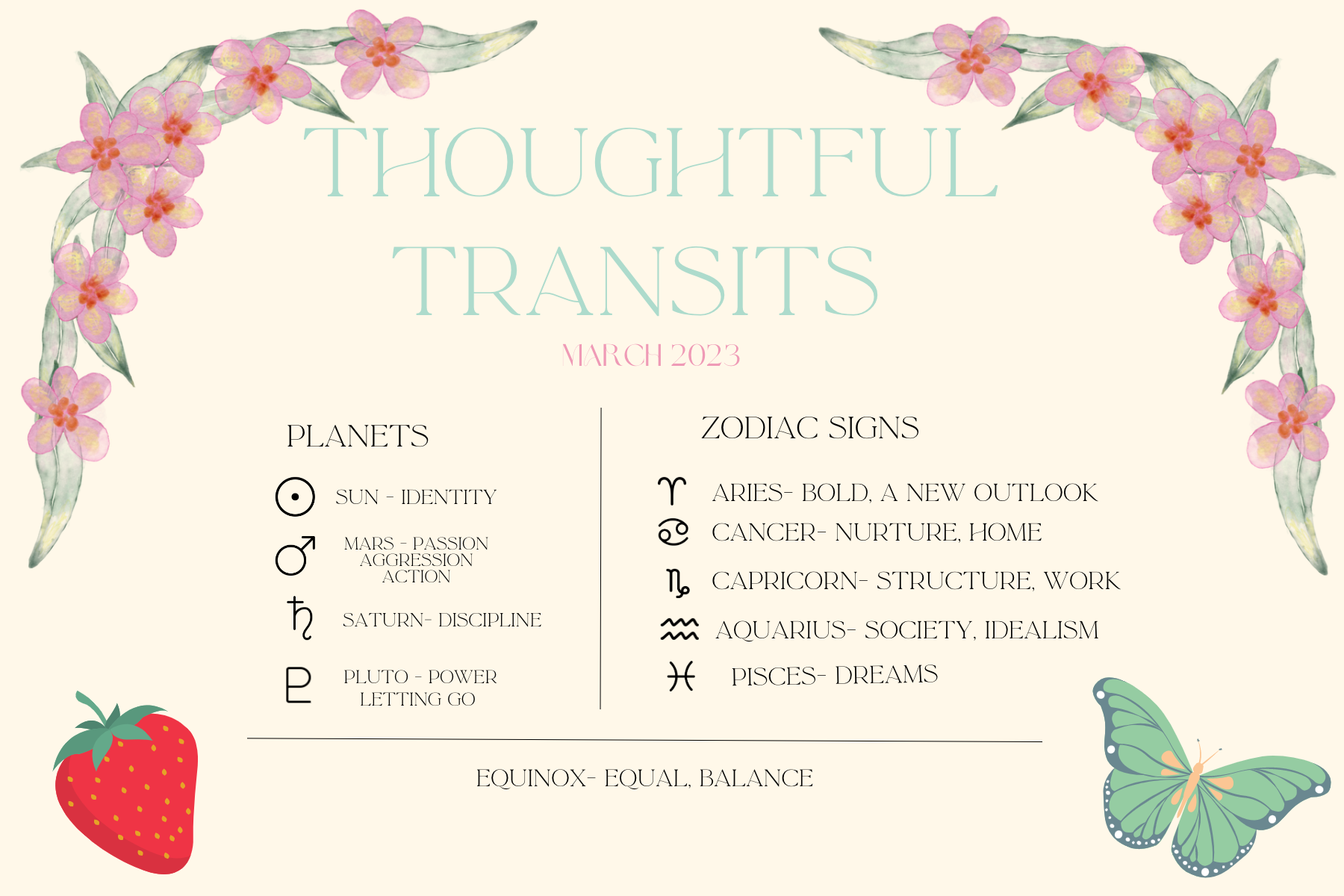 the thoughtful transits key. featuring the meanings of the zodiac, planets, and equinox.
