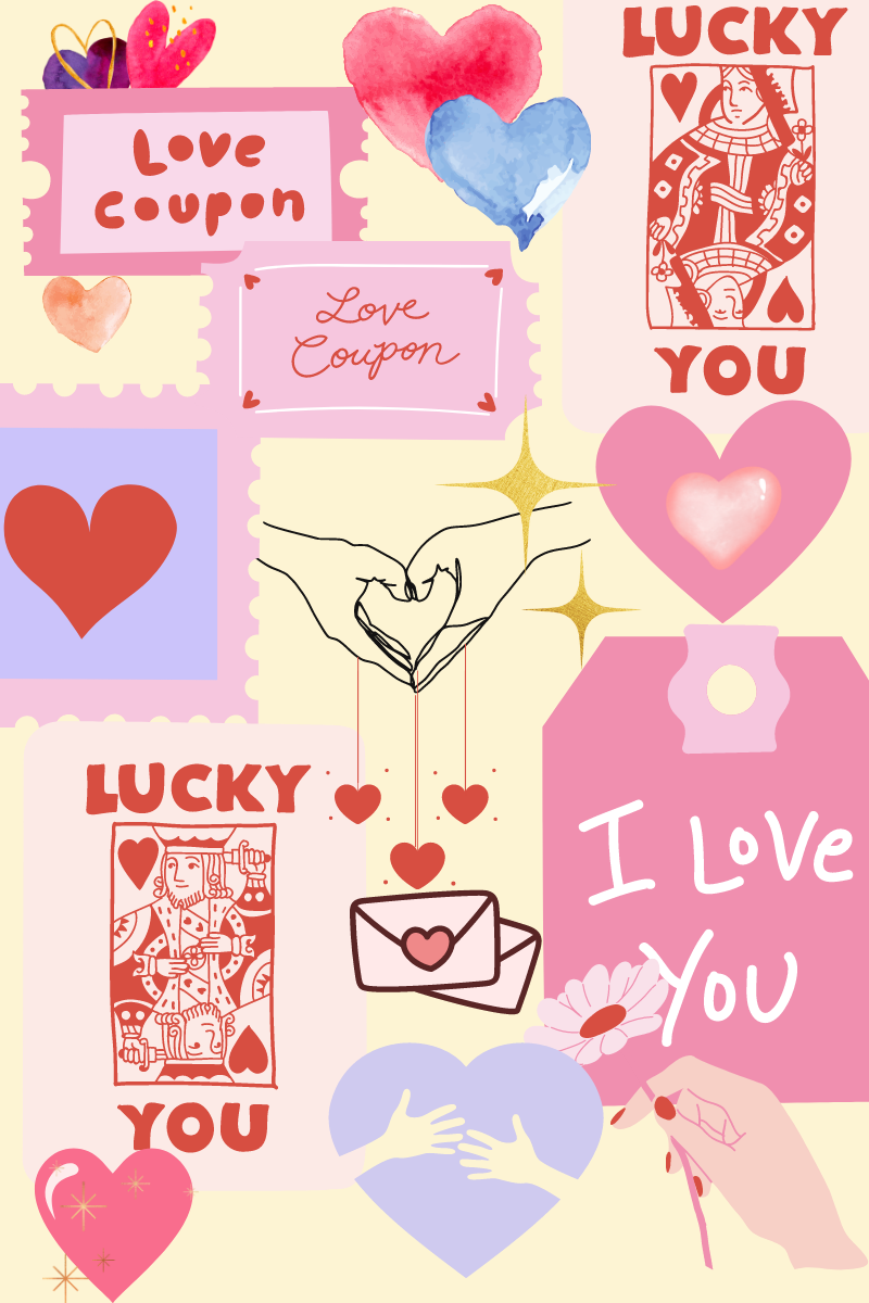 A collage of hearts, flowers, and playing cards on a light yellow background. Has various"I love you"'s throughout.