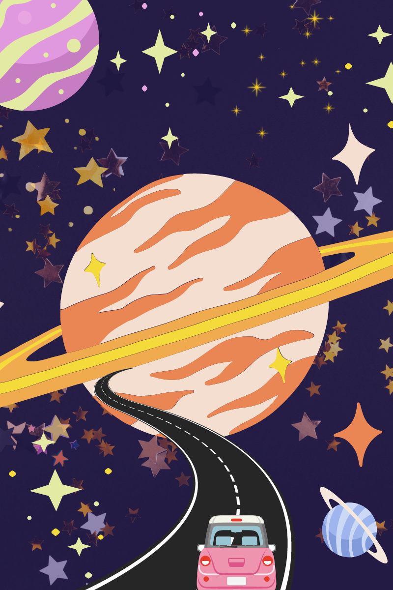 A car on a road to Saturn. Lots of stars and planets on a dark purple background.