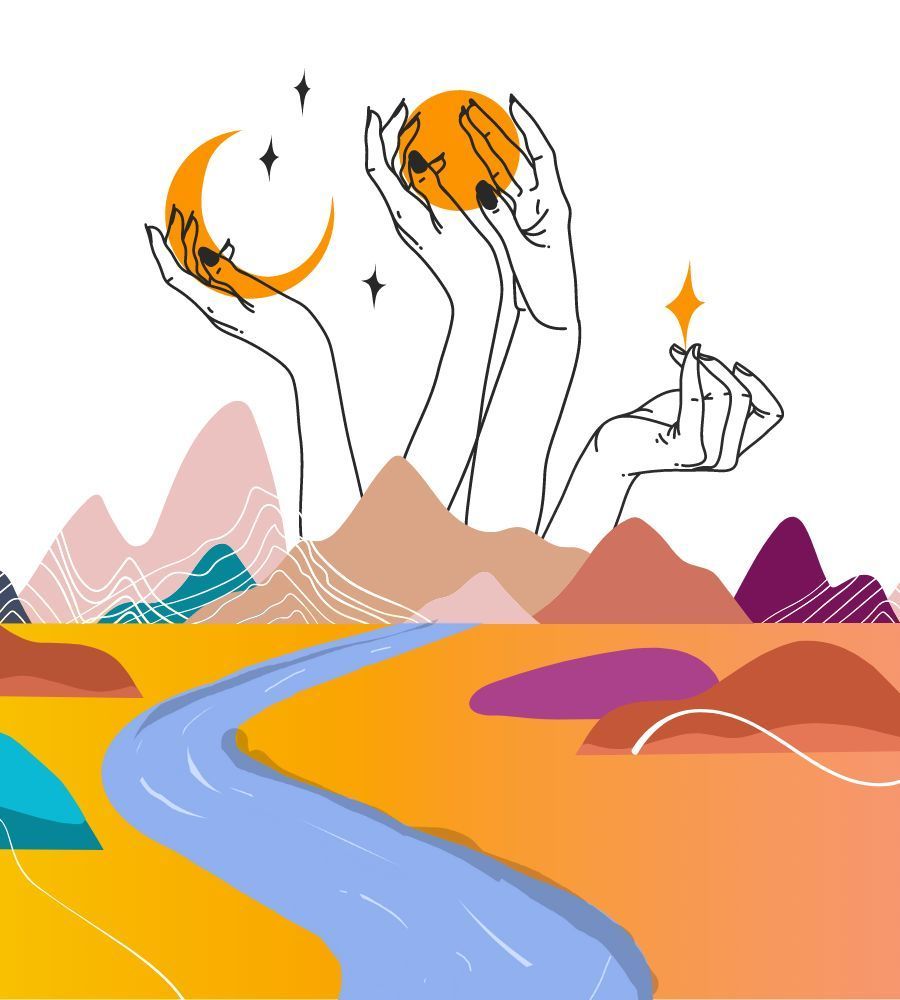 Hands coming out of a mountain to hold the sun, moon, and stars.