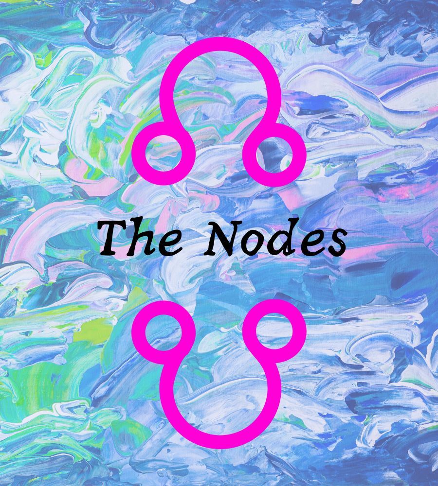 A blue painted background with pink symbols of the nodes facing away from each other. "The Nodes" is in the middle of it.