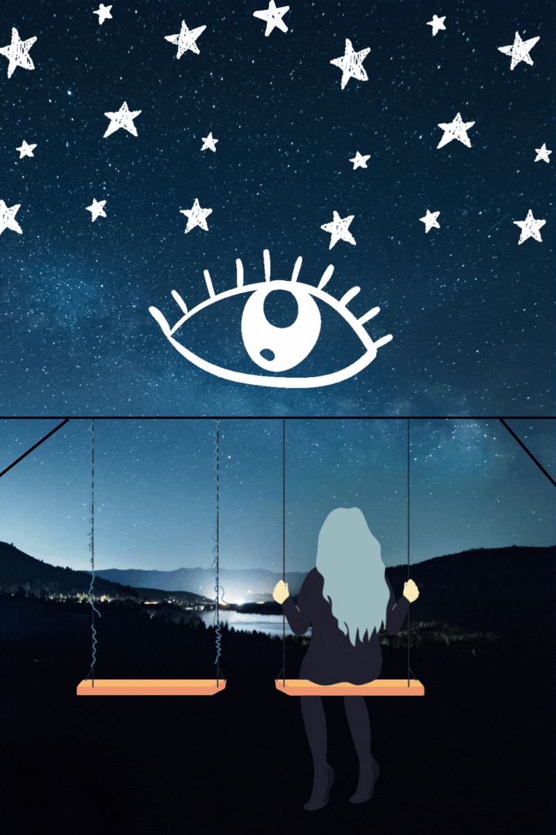 Featuring girl on swingset, with giant drawn eye and stars looking down at her. Twelfh house planets aren't all bad.
