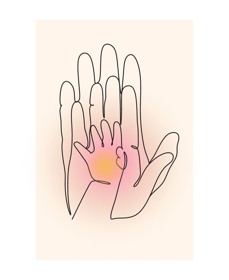 Three different size hands drawn on a peach background with pink and orange gradient in the middle.
