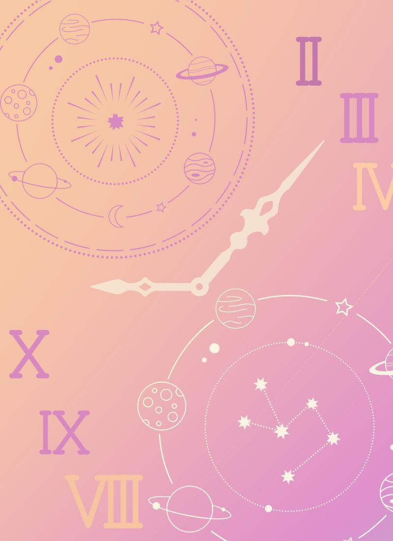 A orange and purple gradient with planets and a clock hand and numbers