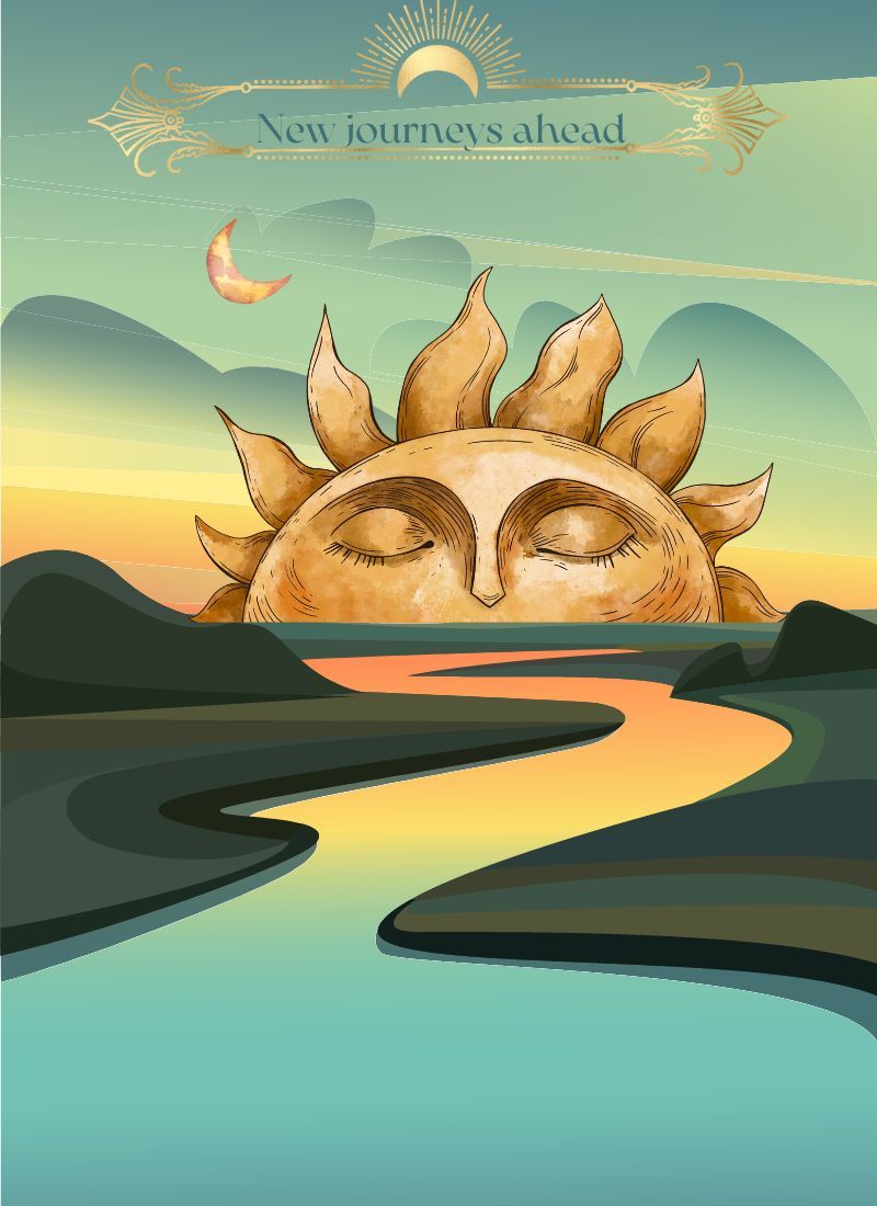 The Sun and Moon coming up over the horizon. The Sun has a face. Up top reads, "New Journeys Ahead.".