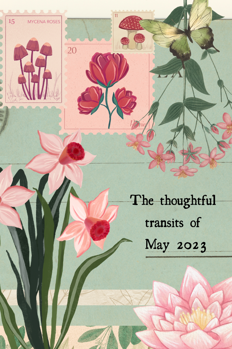 pink flowers on a green post card. the astrology transits of May 2023