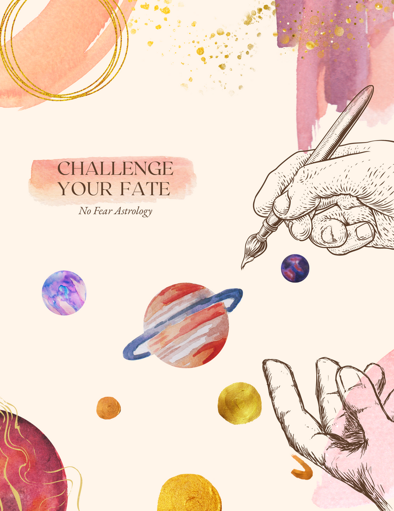 two hands painting planets with words, "Challenge your fate" meaning the true direct nodes in astrology