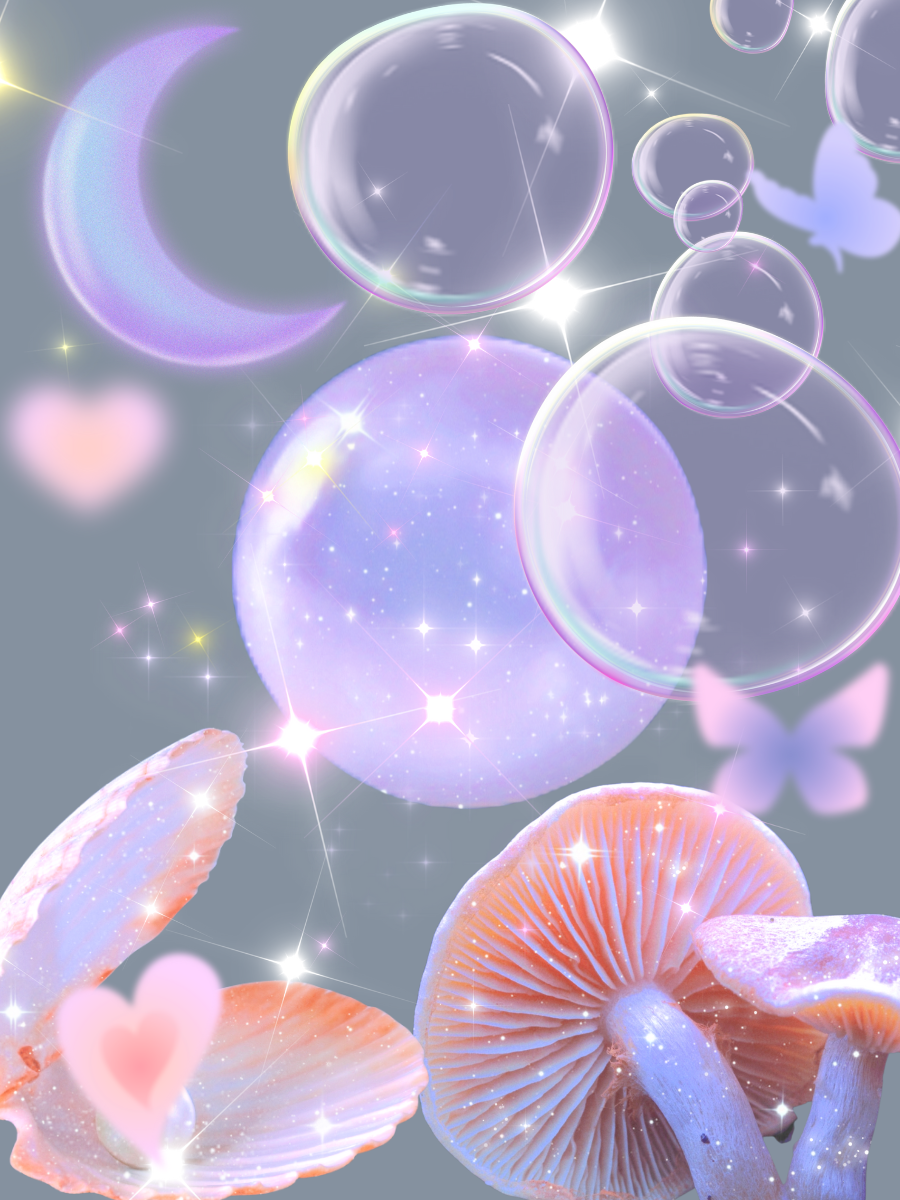 A picture with the crescent Moon, seashells, mushrooms, and bubbles.