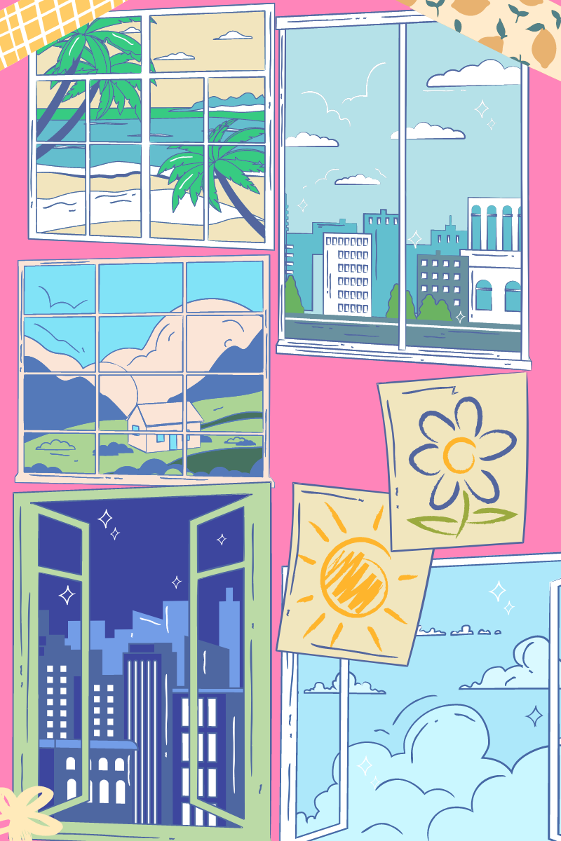 A collage of windows made to look like a scrapbook. with drawings of Sun and flower. Washi tape on corners