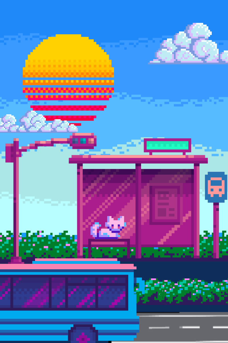 little 8bit cat wiating at a bus stop with sun and clouds in the sky