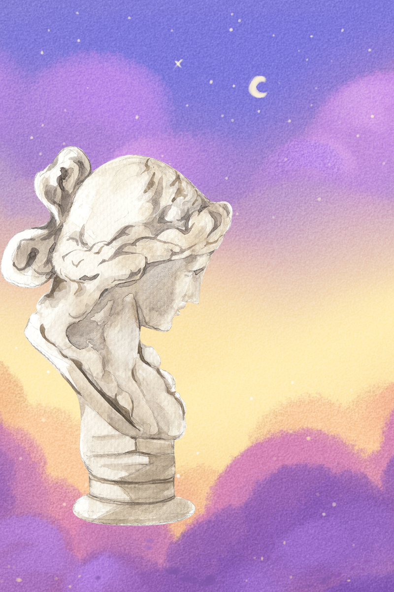 yellow and purple watercolro sky with clouds, stars, and a Moon. Bust of goddess Artemis on the left.