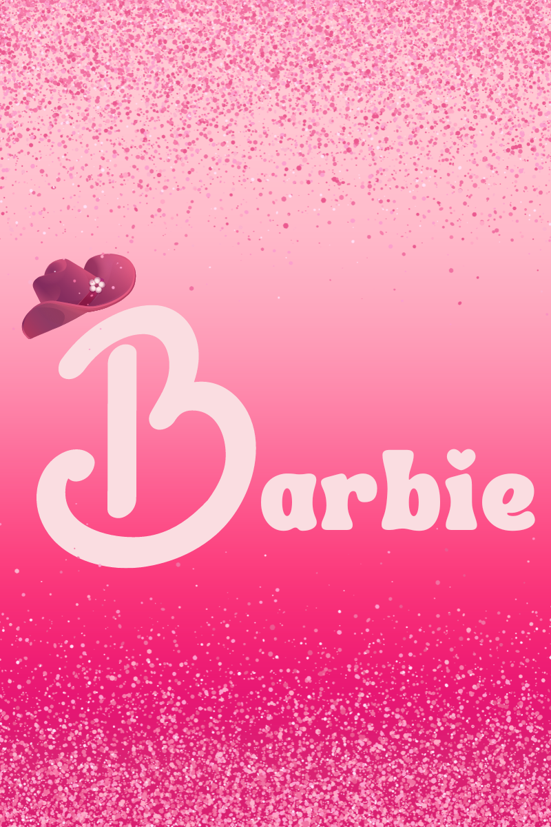 text: "Barbie" with a pink cowboy hat on top of the "B". Pink gradient background with sparkles!