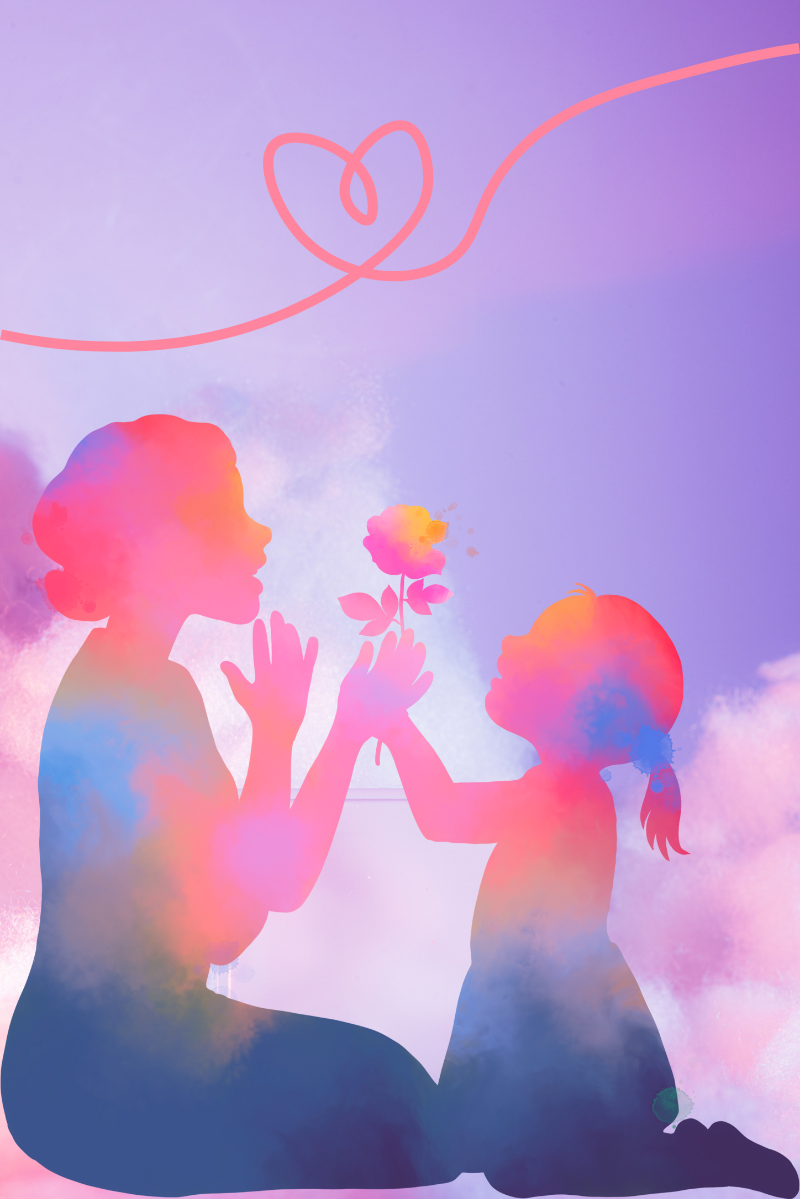 cloud background with watercolor girl and mom holding a flower. Loopy heart at the top.
