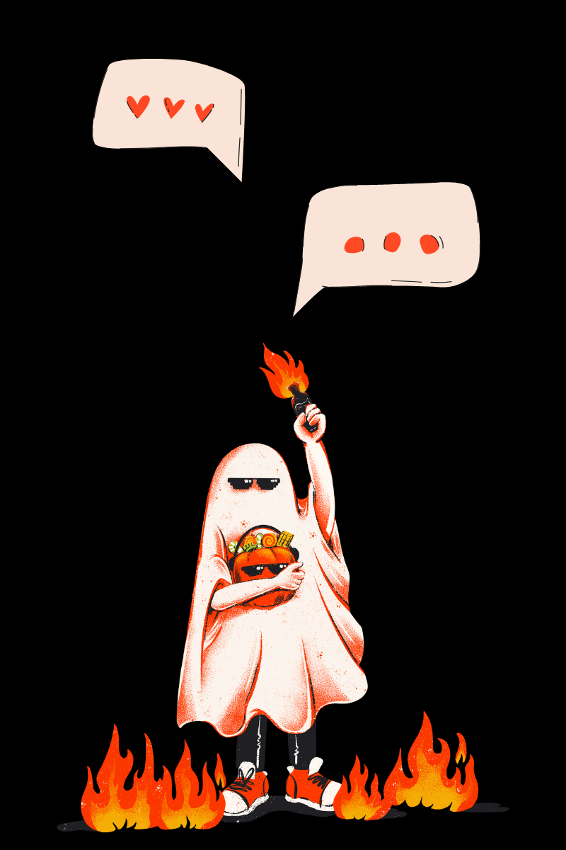A ghost with candy holding up something on fire (burning bridges) with the text bubble above it.