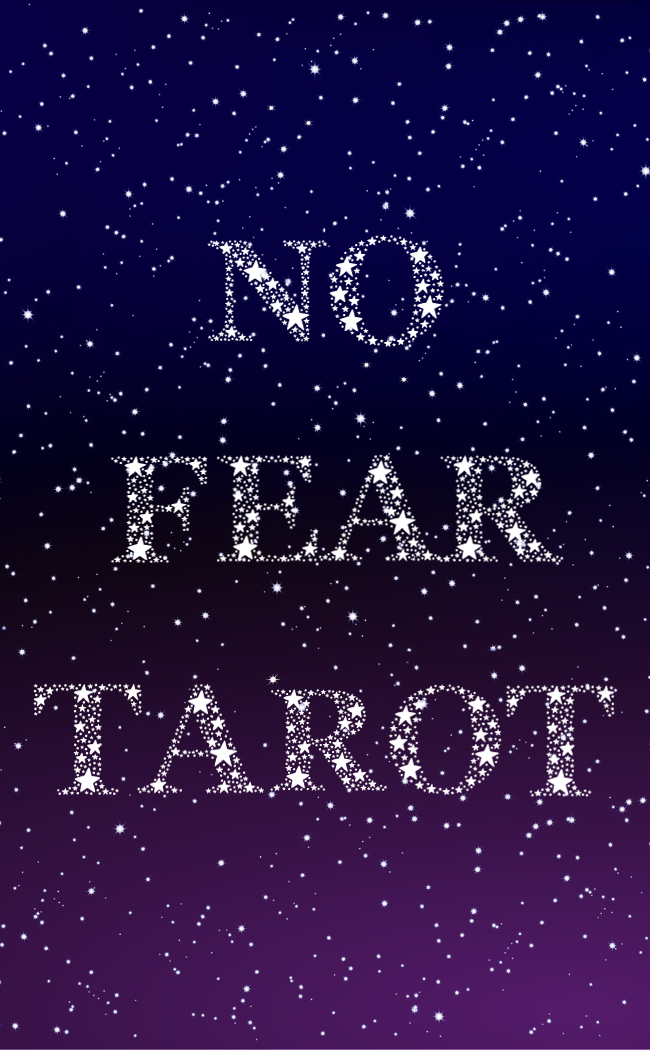 gradient blue and purple-pink sky with the words "no fear tarot" built out of stars.