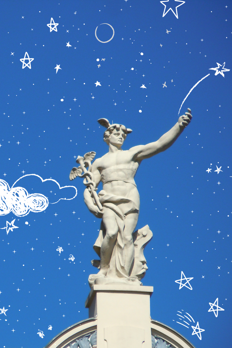 Statue of Mercury with blue sky and drawn on stars in the background