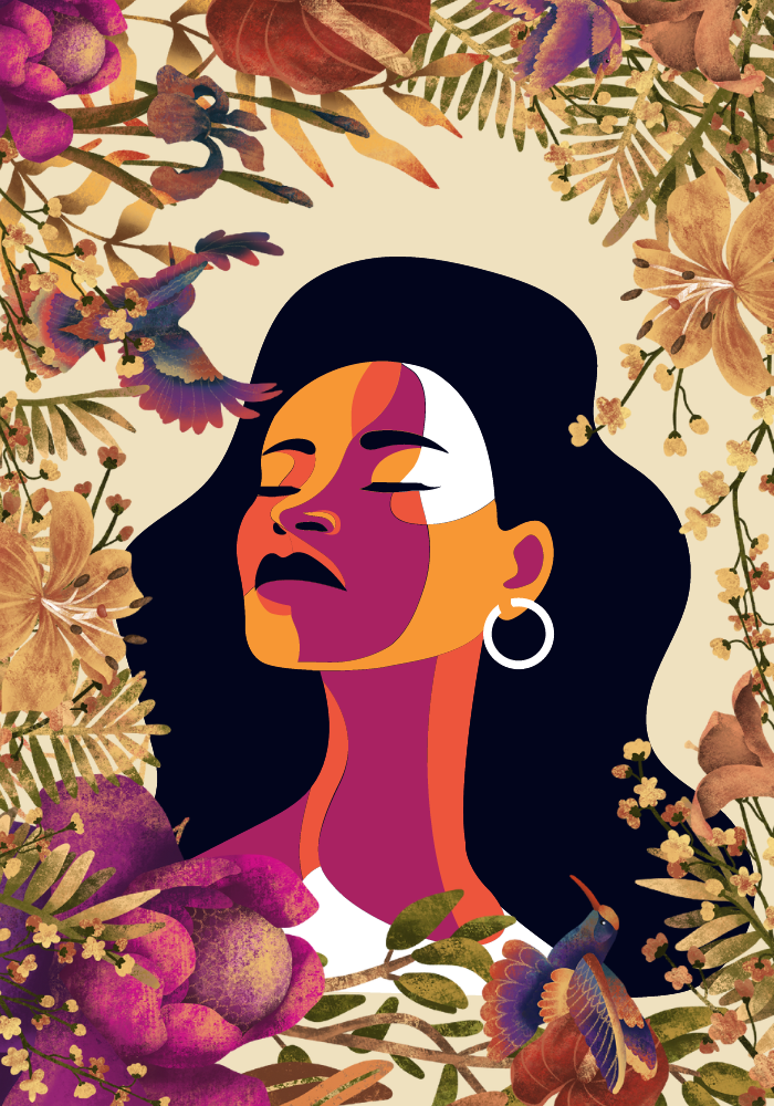 stylized woman surrounded by flowers and birds