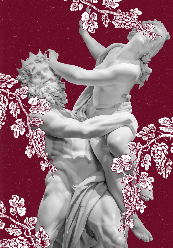 Statue of Hades and Persephone with vines on red background.