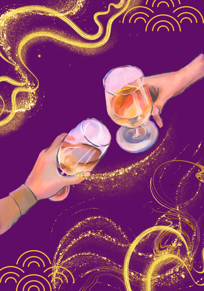 Hands hold wine glasses surrounding by golden swirls
