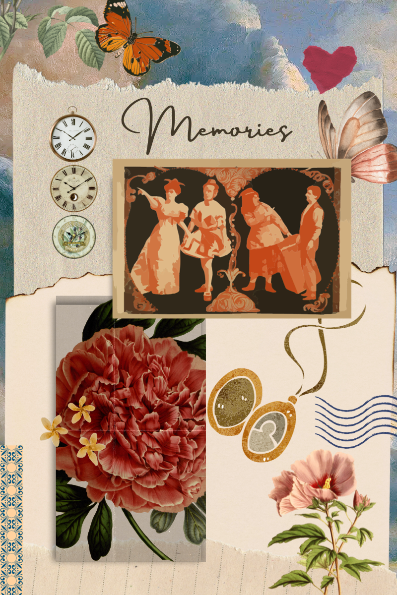 scrapbook with picture of flowers and stamps. clouds in the background.