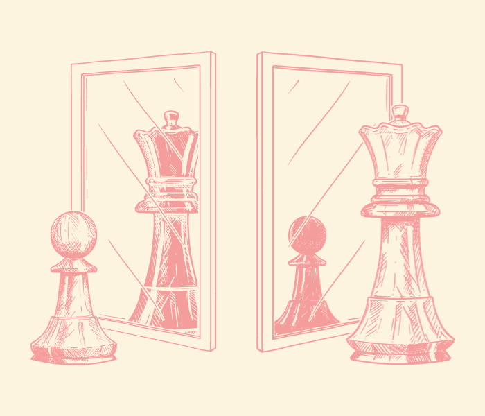 A pawn and queen looking in to the mirror, each seeing the opposite of what they are.