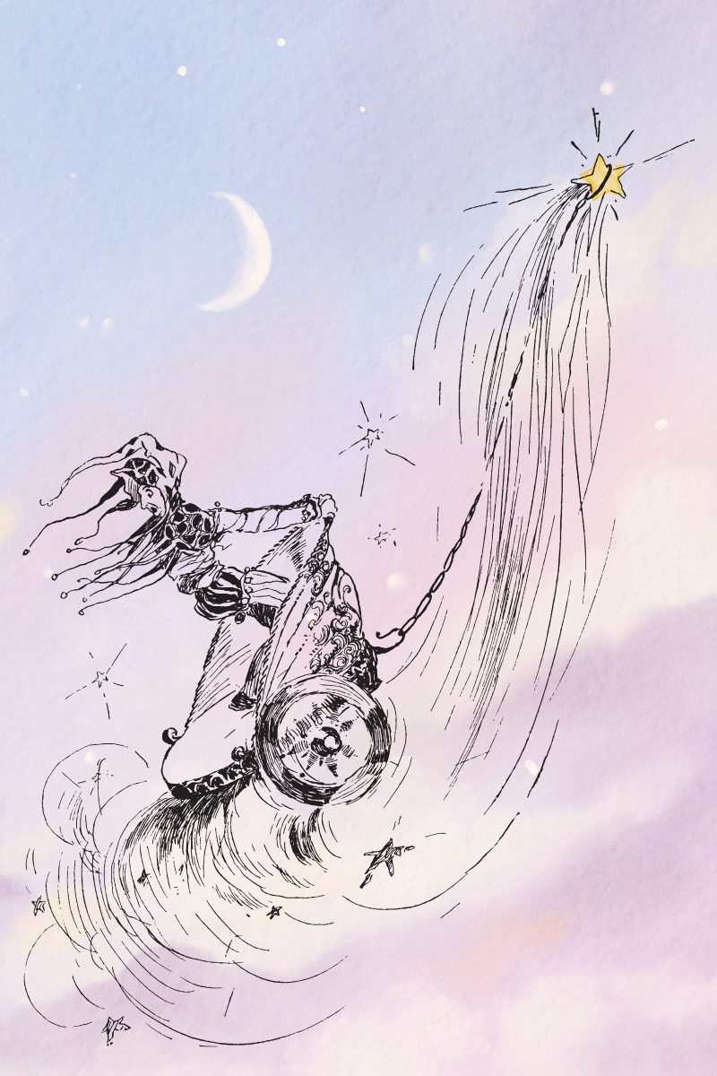 Man riding chariot into the sky, pulled by the stars, Moon and cloud in the background.