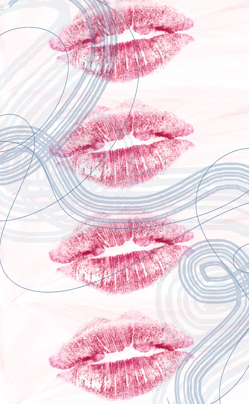 Lipstick mar with a pastel pink background and blue swirls