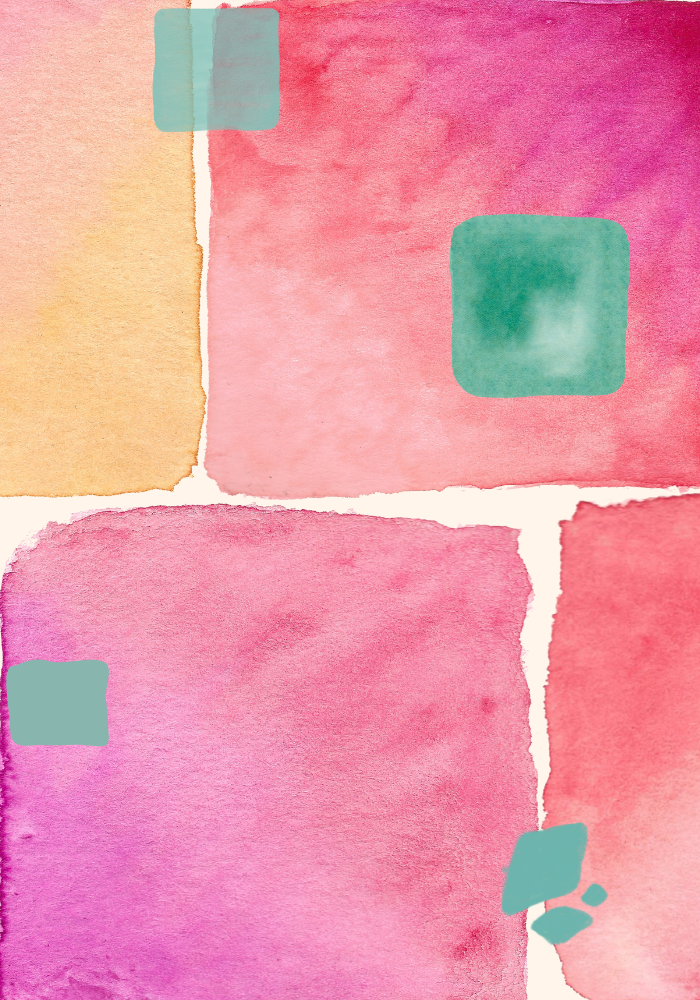 watercolor pink and red squares with green squares on top.