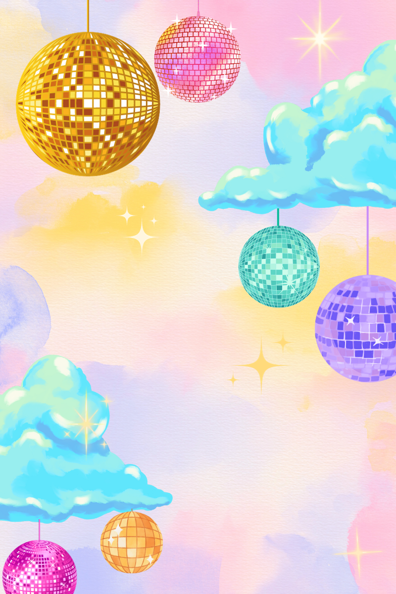 Disco balls floating an falling from pastel clouds. 