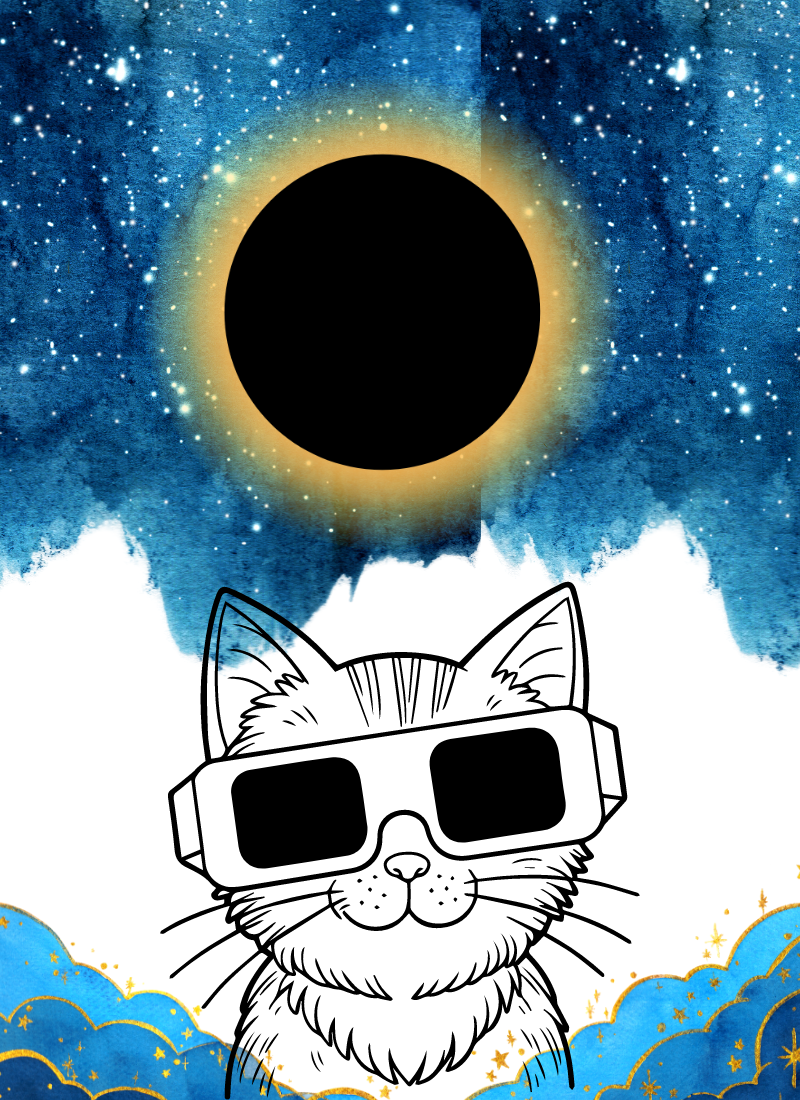 Cat looking at eclipse with glasses on a starry night sky.