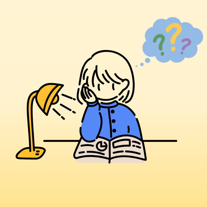 person looking down at book confused. yellow background.